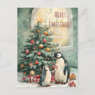 Cute penguins decorates Christmas tree, Christmas Postcard