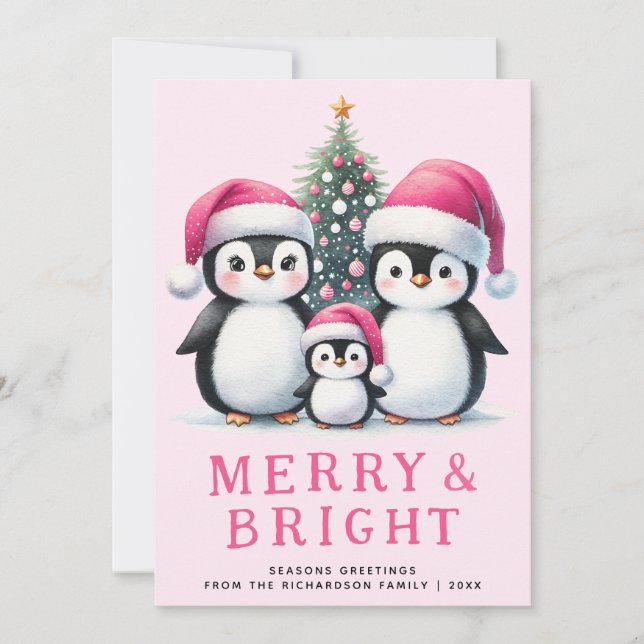 Cute Penguins Family Merry & Bright Pink Christmas Holiday Card (Front)
