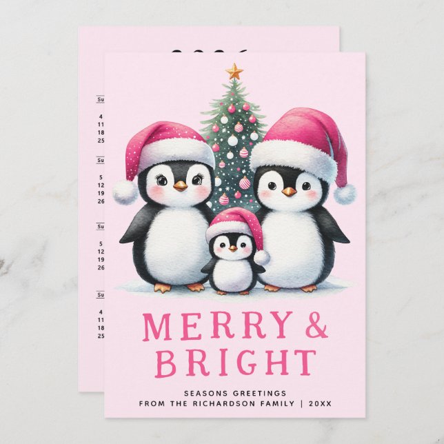 Cute Penguins Family Merry & Bright Pink Christmas Holiday Card (Front/Back)