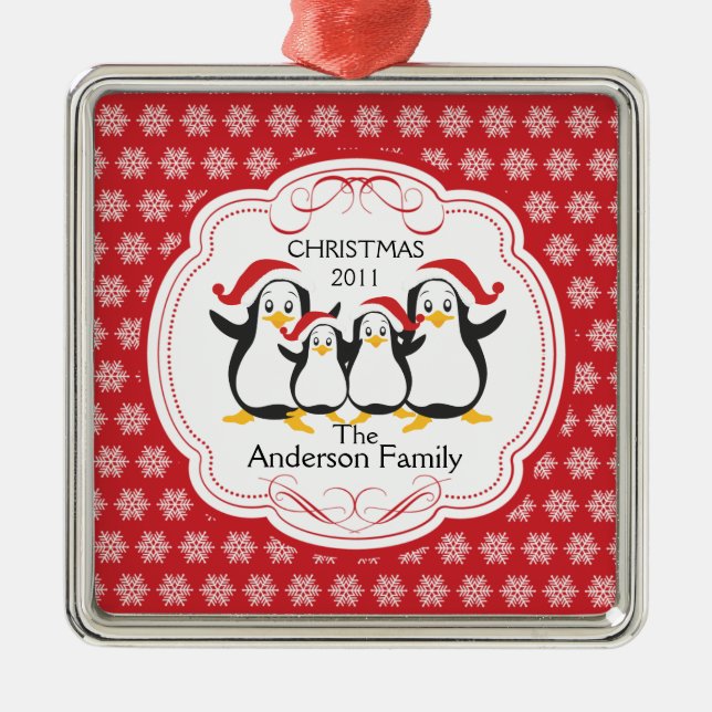 Cute Penguins Family of 4 Christmas Ornament (Front)