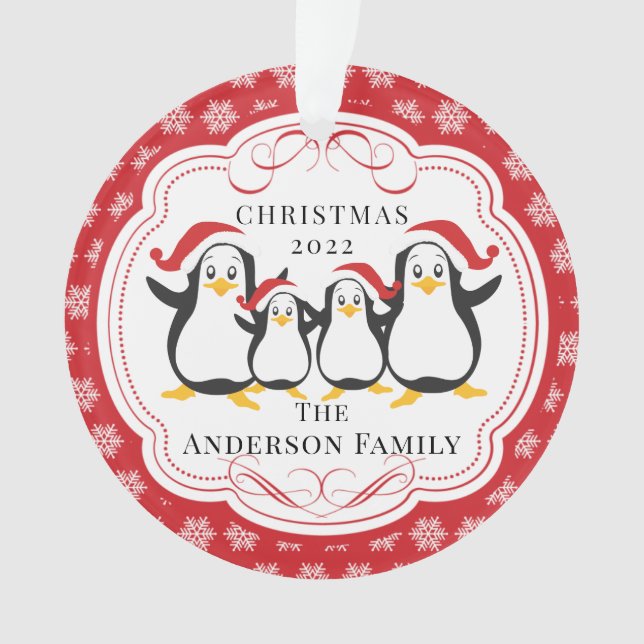 Cute Penguins Family of 4 Christmas Ornament (Front)