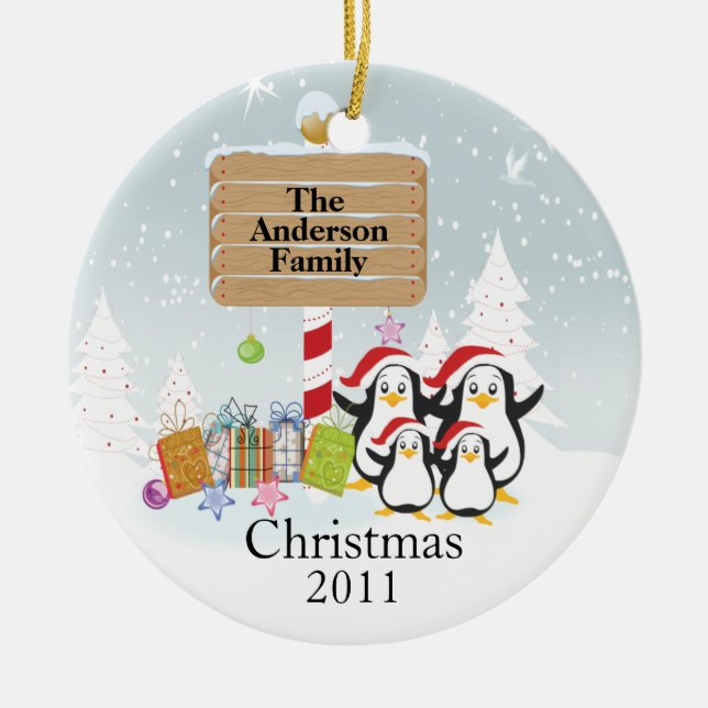 Cute Penguins Family of 4 Christmas Ornament (Front)