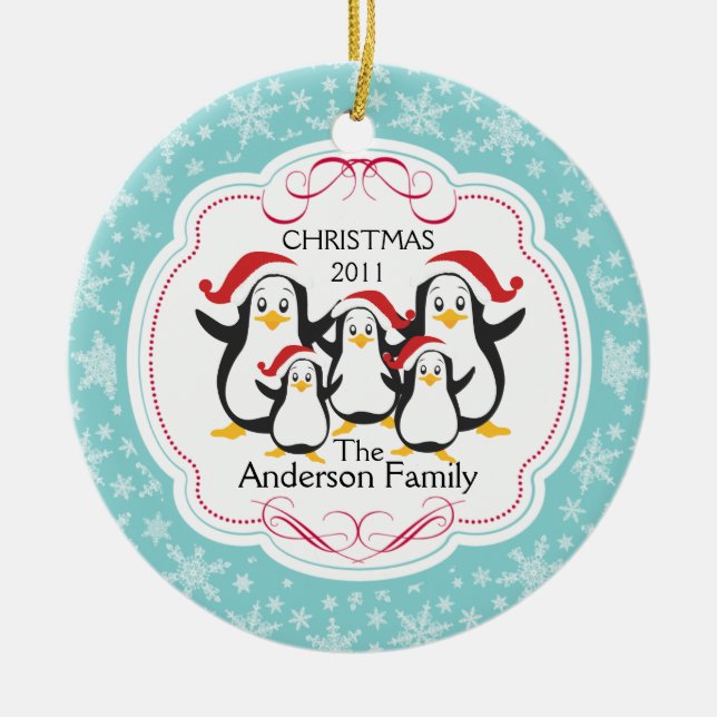 Cute Penguins Family of 5 Christmas Ornament (Front)