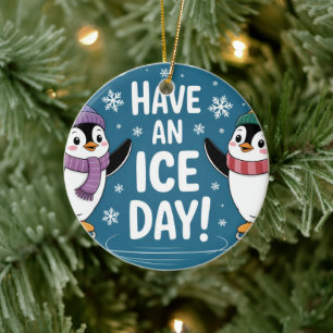 Cute Penguins Ice Skating Cartoon, Have an Ice Day Ceramic Tree Decoration