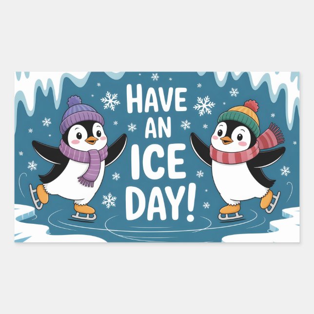 Cute Penguins Ice Skating Cartoon, Have an Ice Day Rectangular Sticker (Front)