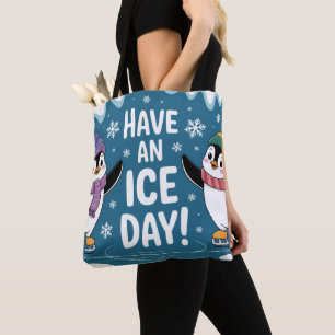 Cute Penguins Ice Skating Cartoon, Have an Ice Day Tote Bag