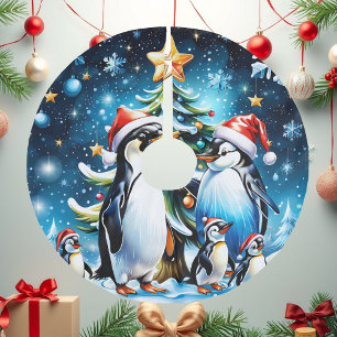 Cute penguins in a cheerful cartoon style,  brushed polyester tree skirt