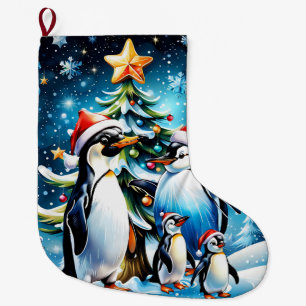 Cute penguins in a cheerful cartoon style,  large christmas stocking