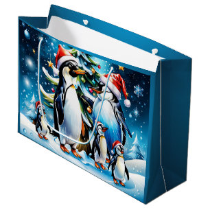 Cute penguins in a cheerful cartoon style, large gift bag