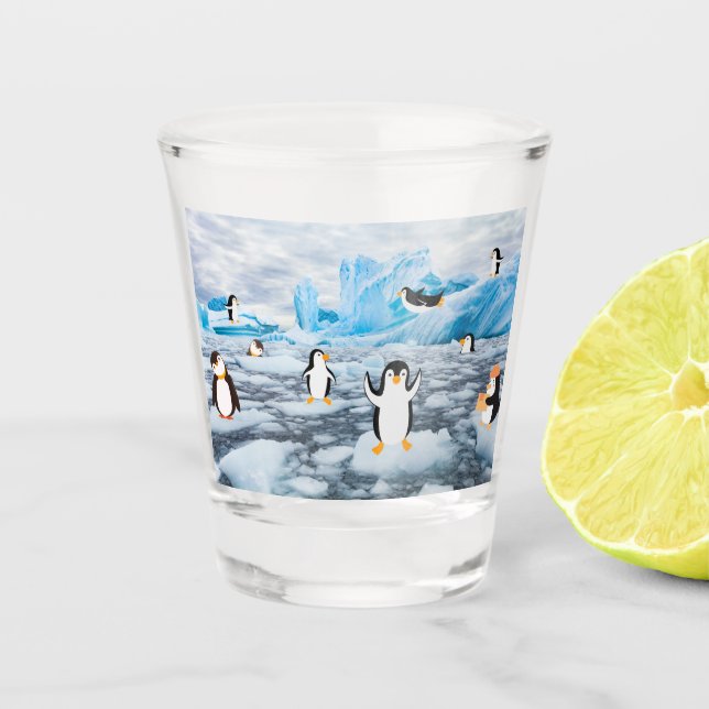 cute penguins in Antarctica ice Shot Glass (Front)