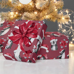 Cute Penguins In Christmas Hats Red Wrapping Paper