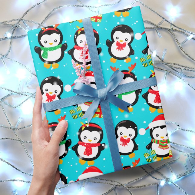 Cute penguins in falling snow winter wonderland wrapping paper (Creator Uploaded)