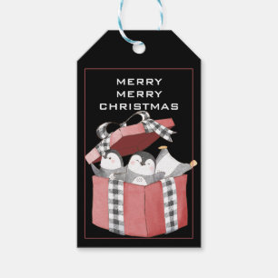 Cute Penguins In Red Christmas Gift Box Gift Tags