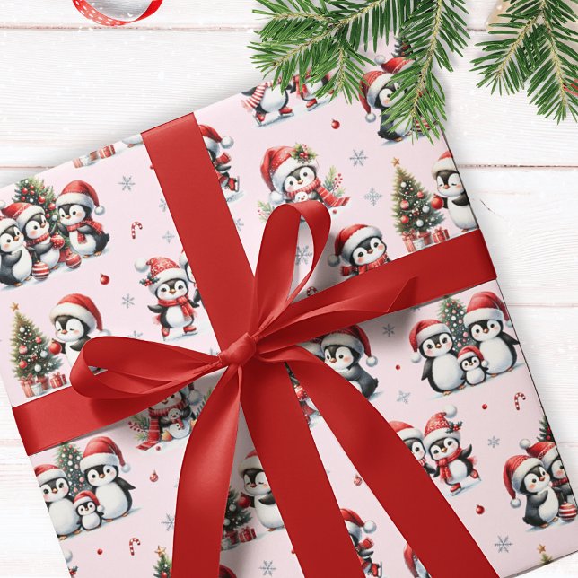 Cute Penguins in Red Hats Fun Pink Christmas Wrapping Paper (Creator Uploaded)