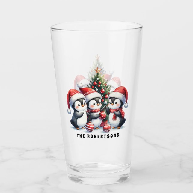 Cute Penguins in Santa Hats Personalised Christmas Glass (Front)