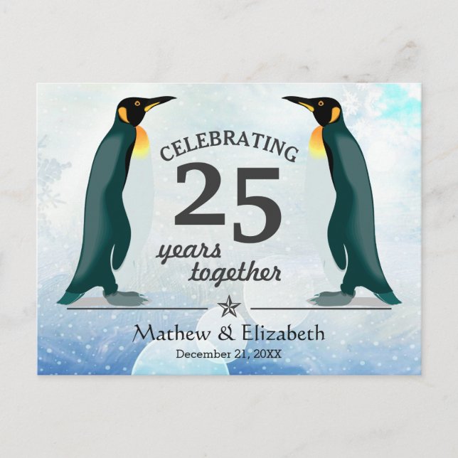 Cute Penguins in Snow | 25th Wedding Anniversary Postcard (Front)