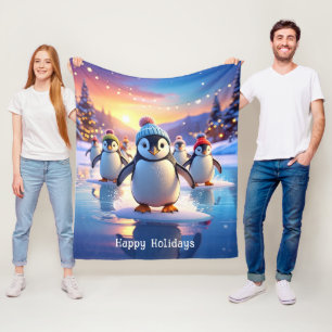 Cute Penguins in Winter Hats Fleece Blanket
