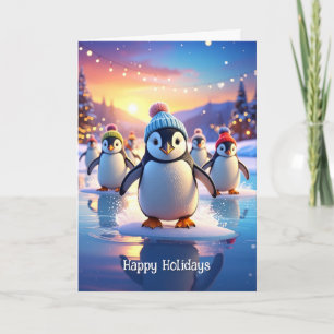 Cute Penguins in Winter Hats on Frozen Ice Holiday Card