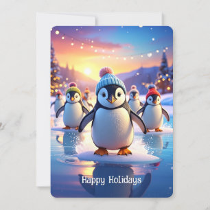Cute Penguins in Winter Hats on Frozen Ice Holiday Card