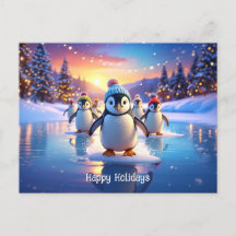 Cute Penguins in Winter Hats on Frozen Ice