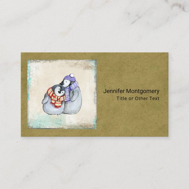 Cute Penguins in Winter Scarves and Hats Business Card (Front)