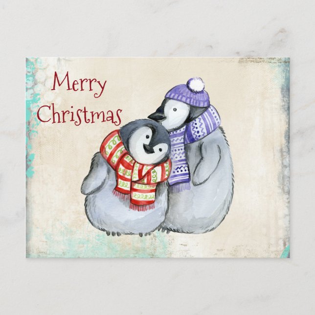 Cute Penguins in Winter Scarves and Hats Christmas Holiday Postcard (Front)