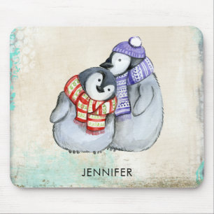 Cute Penguins in Winter Scarves and Hats Custom Mouse Mat