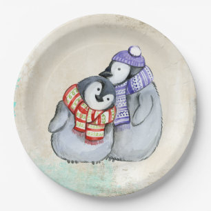 Cute Penguins in Winter Scarves and Hats Paper Plate
