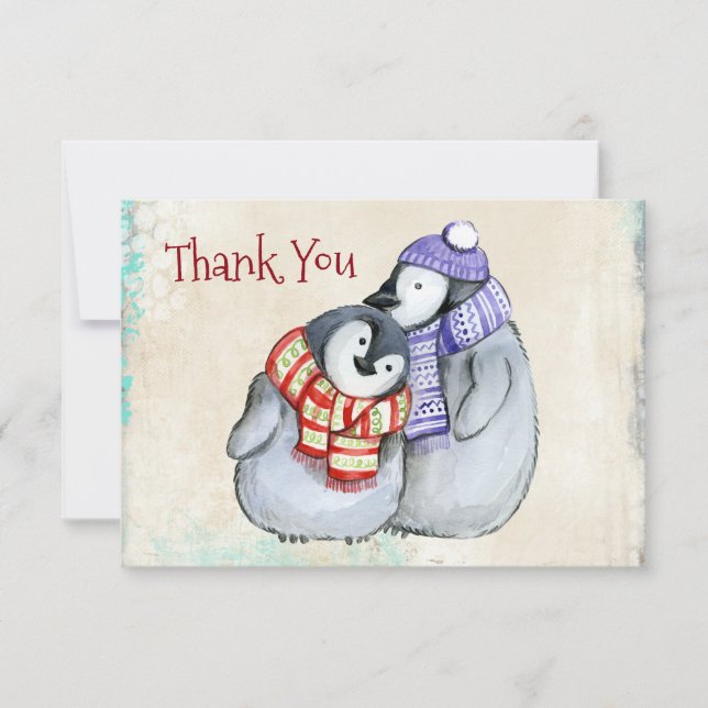Cute Penguins in Winter Scarves and Hats Thank You Card (Front)