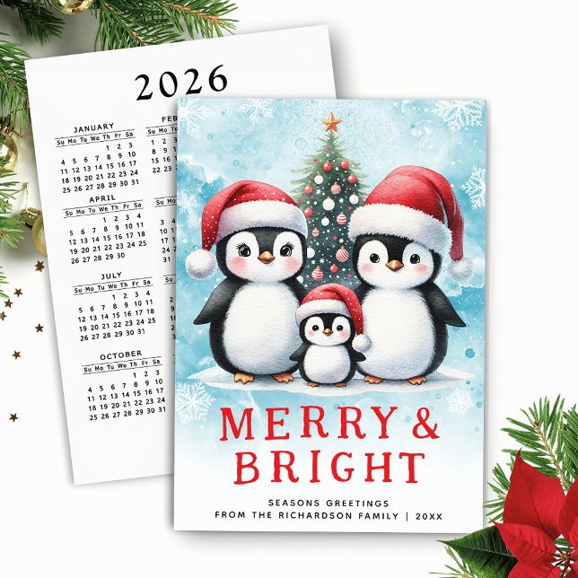Cute Penguins Merry and Bright Blue Red Christmas Holiday Card (Cute Penguins Family Christmas Card with Merry and Bright Greetings and 2026 Calendar)