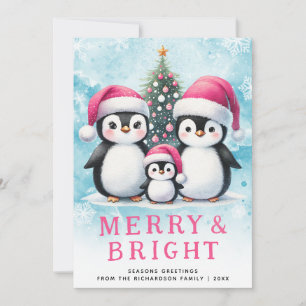 Cute Penguins Merry and Bright Pink Christmas Holiday Card