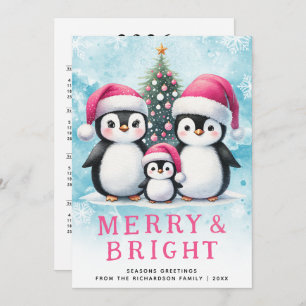 Cute Penguins Merry and Bright Pink Christmas Holiday Card