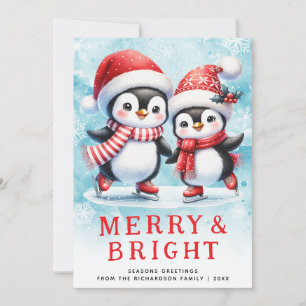 Cute Penguins Merry Bright Red and Blue Christmas Holiday Card