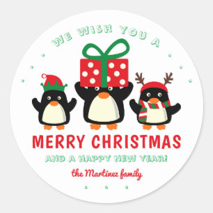 Cute Penguins Merry Christmas Classic Round Sticker
