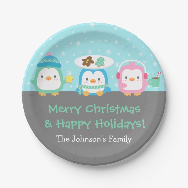 Cute Penguins Merry Christmas Party Supplies Paper Plate (Front)
