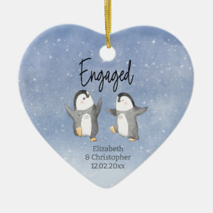 Cute Penguins Monogrammed Engaged Ceramic Tree Decoration