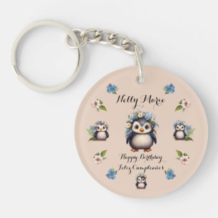 Cute Penguins Name Bilingual Text Feliz Cumpleaños Key Ring