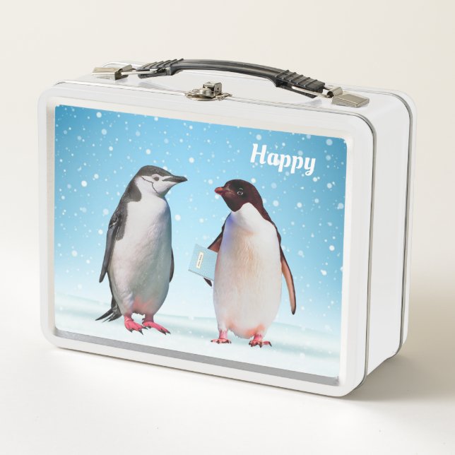 Cute Penguins on Light Blue Metal Lunch Box (Front)