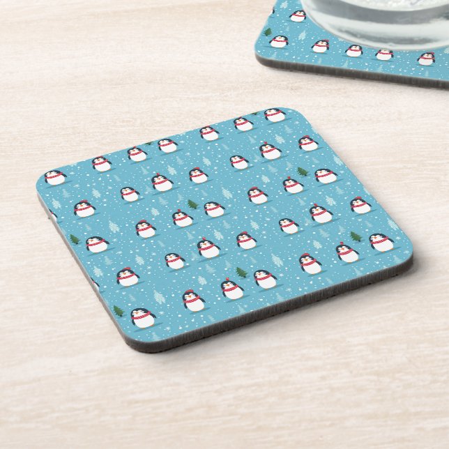 Cute Penguins on Light Blue with Snowflakes  Coaster (Left Side)