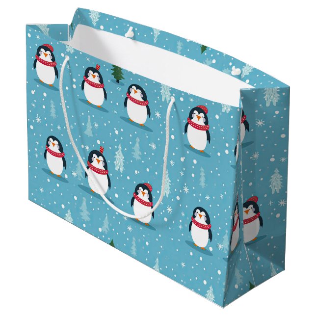Cute Penguins on Light Blue with Snowflakes  Large Gift Bag (Back Angled)