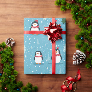 Cute Penguins on Light Blue with Snowflakes Wrapping Paper