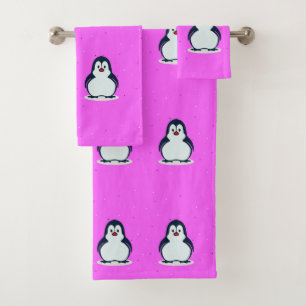 Cute penguins on pink bath towel set