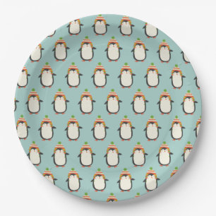 Cute Penguins Pattern -  Aqua Green Christmas Paper Plate