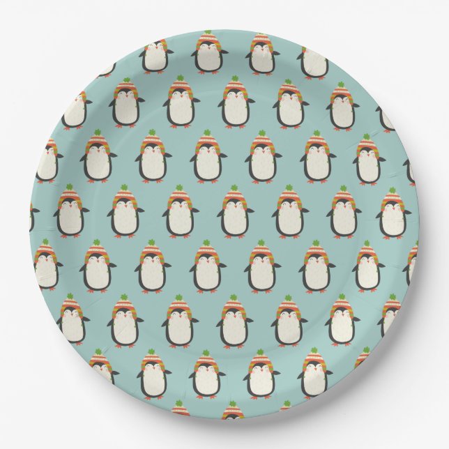 Cute Penguins Pattern -  Aqua Green Christmas Paper Plate (Front)