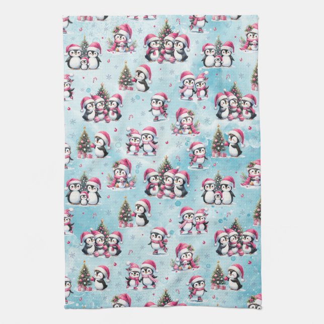 Cute Penguins Pattern Blue and Pink Christmas Tea Towel (Vertical)