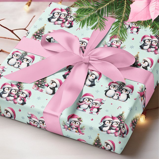 Cute Penguins Pattern Mint and Pink Christmas Wrapping Paper (Creator Uploaded)