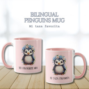 Cute Penguins Pink Custom Bilingual Text Mug