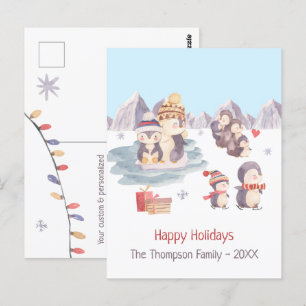 Cute Penguins Playing in Snow Happy Holidays Postcard