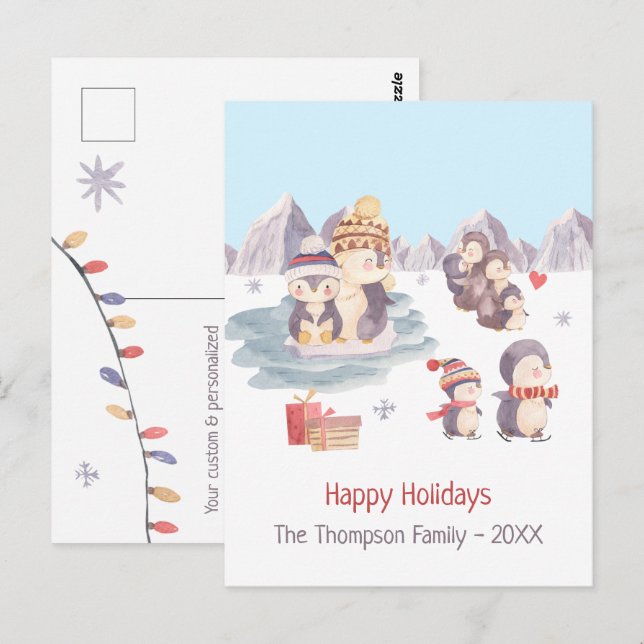 Cute Penguins Playing in Snow Happy Holidays Postcard (Front/Back)