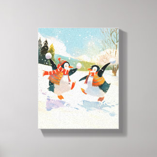 Cute Penguins Playing in Snow Watercolor Nursery  Canvas Print